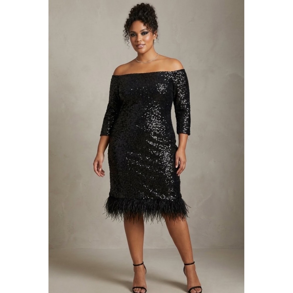 Eloquii Black Sequin Off Shoulder Feather Trim Cocktail Dress Plus Size 18 3772
